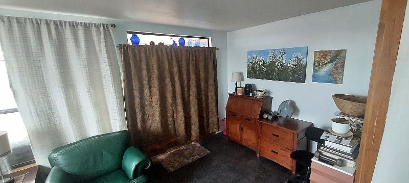 Sunroom with leather sofa/chair and office furniture. A great space to work and enjoy the outdoor views. The door to the garden is hidden behind the curtain.