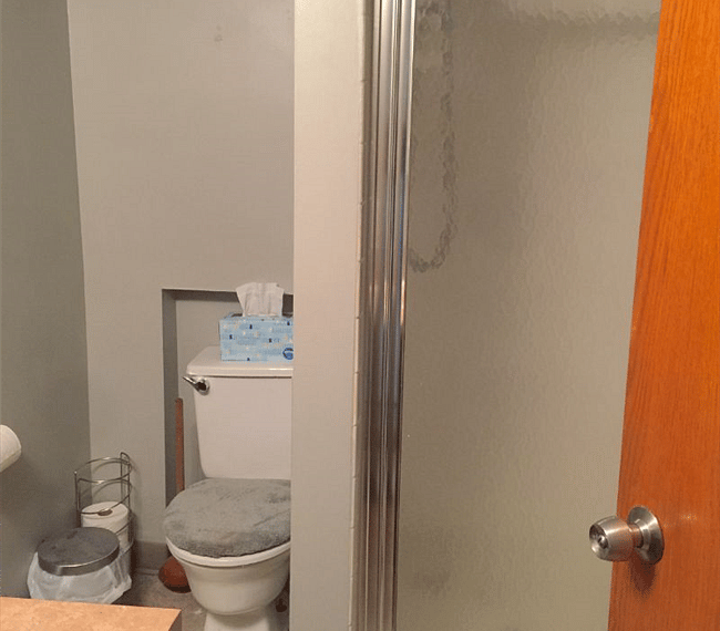 Bathroom toilet and shower stall with handheld shower head.