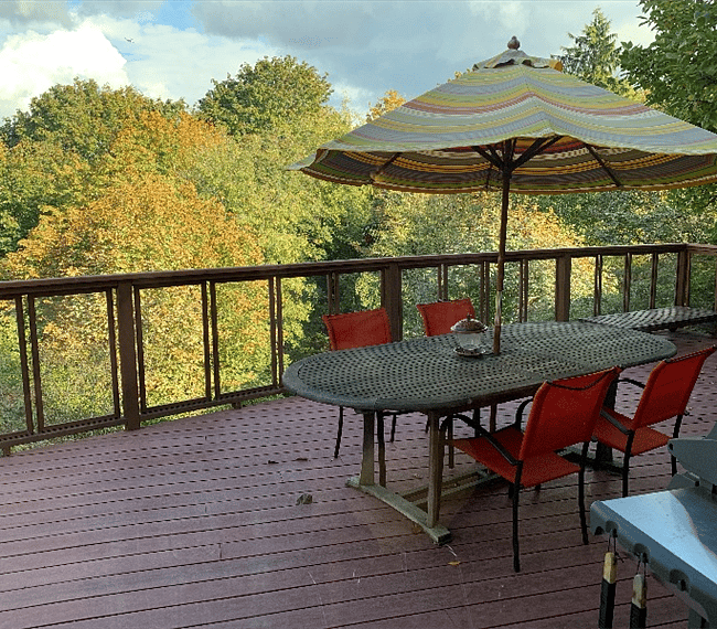 Huge, private deck, surrounded by acres of trees.