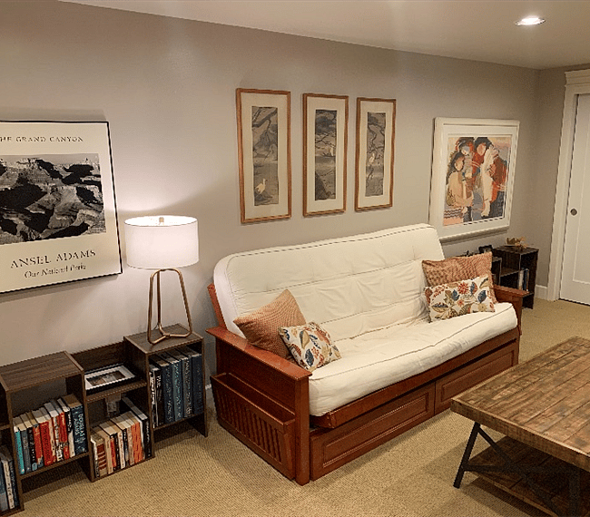 TV and entertainment room, including a wide variety of books, games, DVD collection, Amazon Fire access to streaming movies and shows.