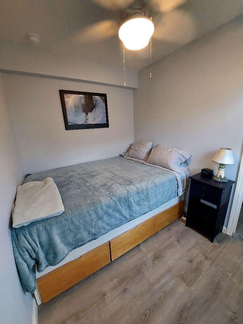 Extra long double bed. Best for one person but will sleep two. Has three drawers underneath the bed.