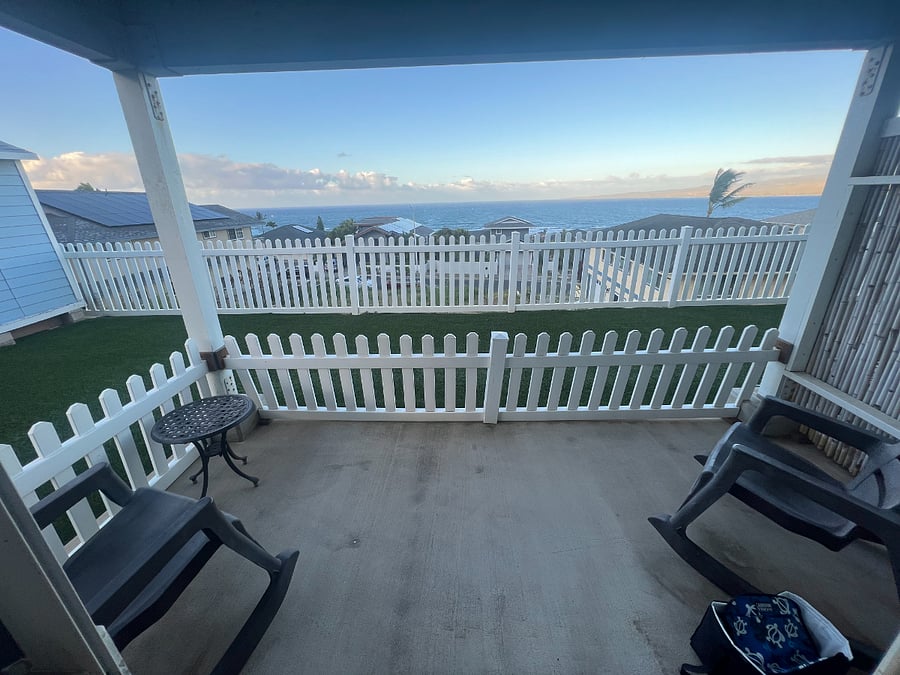 Outdoor patio with two chairs and table