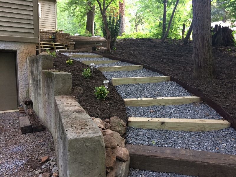 Gentle slope with steps to guest entrance from parking