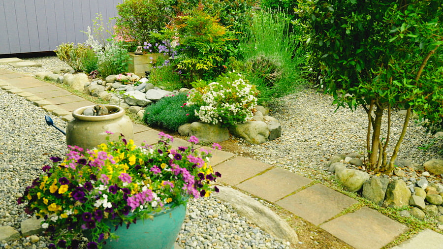 Garden pathways with solar lighting.