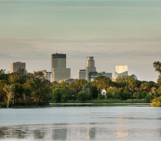 Skyline view of downtown Minneapolis from Lake of the Isles.