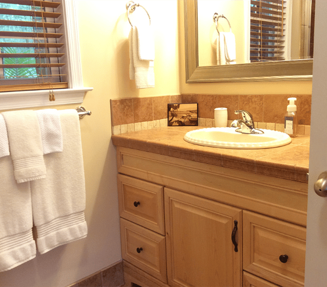 Well lit large vanity area with plenty storage