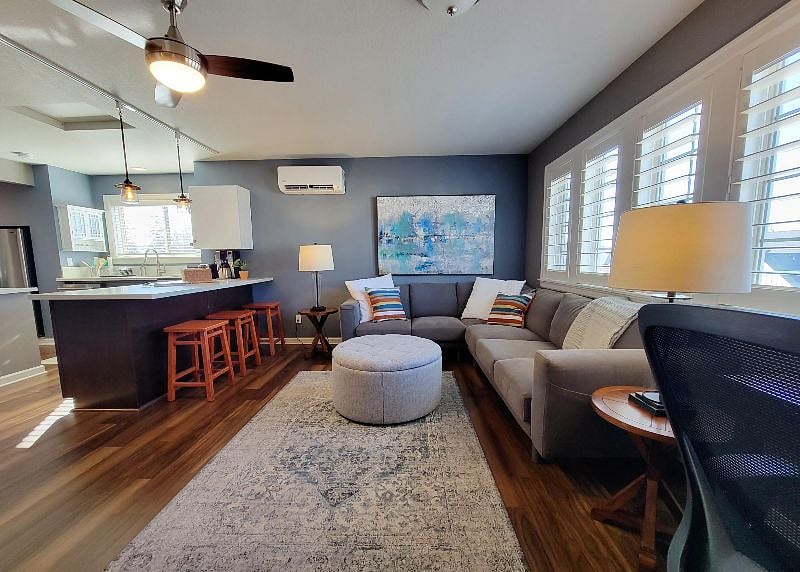 Main sitting area with ottoman. Very comfortable for laying down or napping.