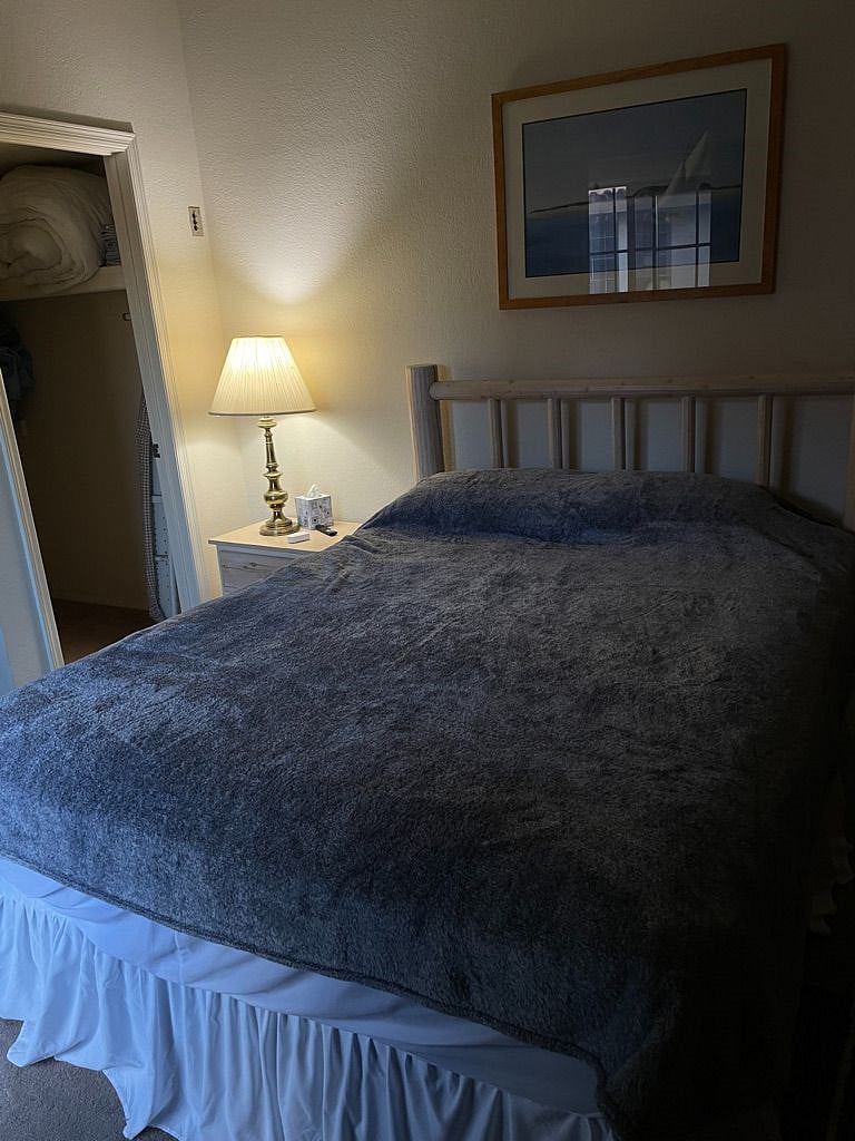 Bedroom with queen mattress, closet on the left.  Sheets, towels, and blankets provided.  
