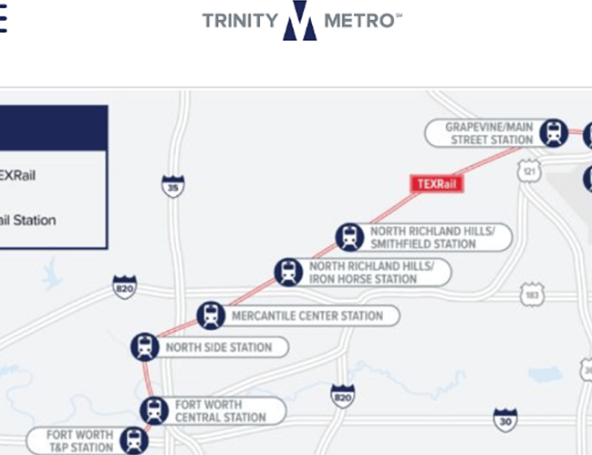 TEXRail Map of nearest stops. One stop is five minutes from this rental space.