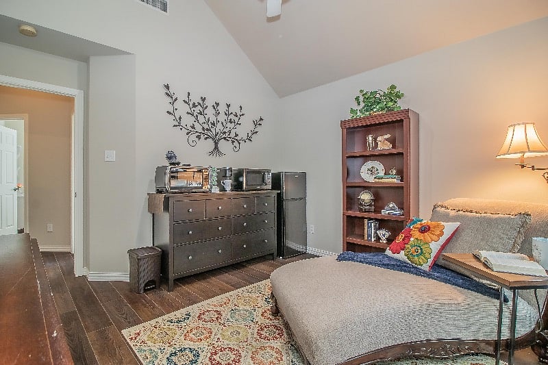 Kitchenette complete with convection/toaster oven, microwave, refrigerator, Keurig, as well as kitchen basics.