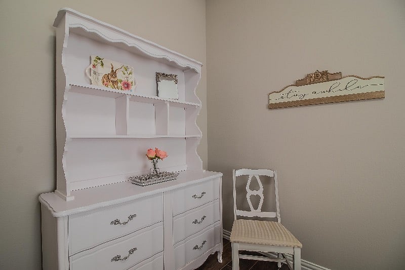 Ample storage shelves and drawers in the private bedroom in addition to the walk-in closet.