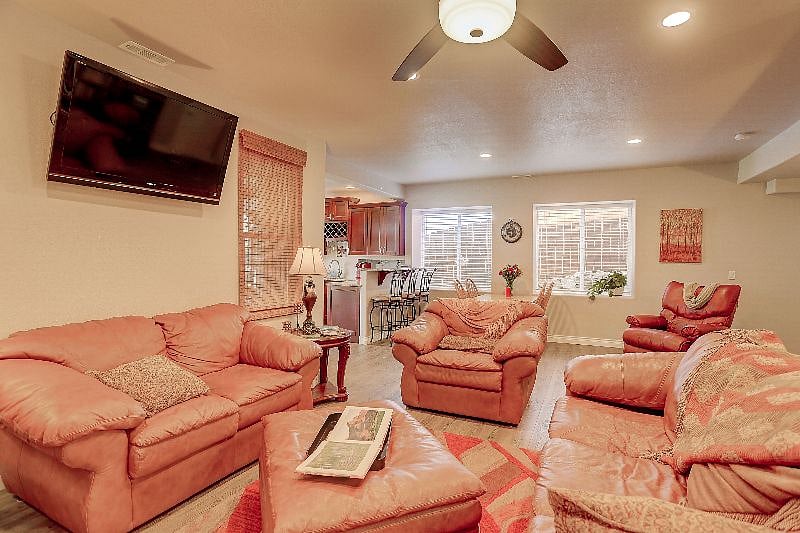 Great Room, Dining Area and Kitchen with Breakfast Bar.