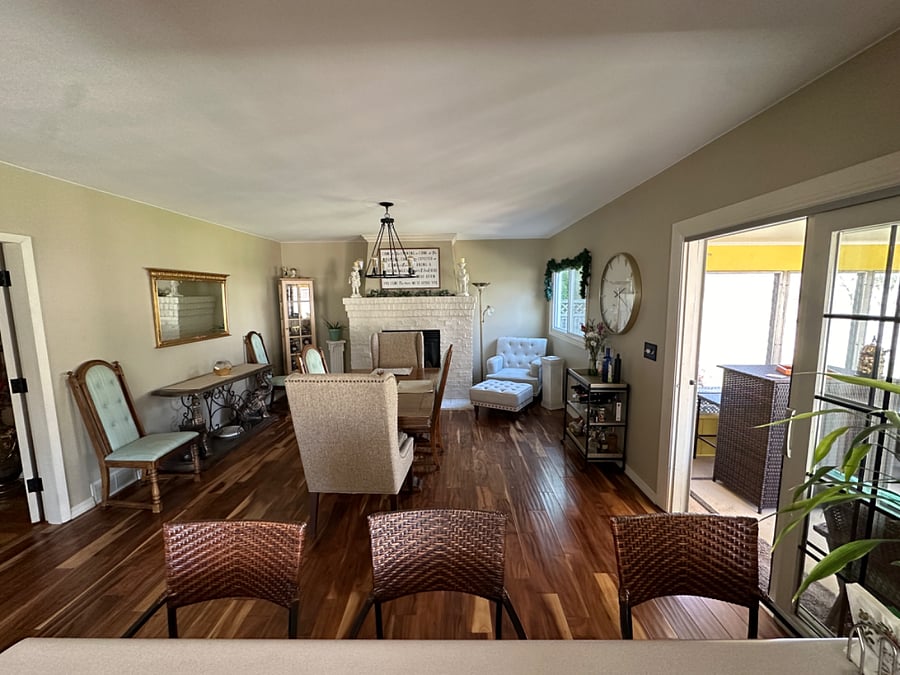 Dining Room, Kitchen Island Counter, and Fireplace