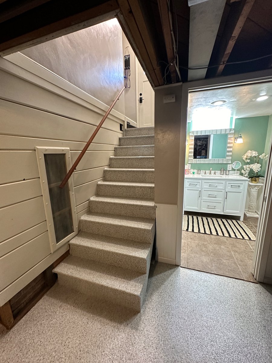 Private Bathroom, Floor Pan Shower, Basement, Renovated in 2023, Assigned to "Elegant Room"