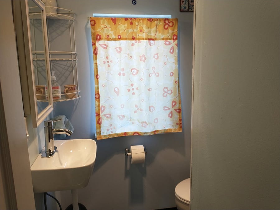 Small bathroom with sink, toilet, and shower.