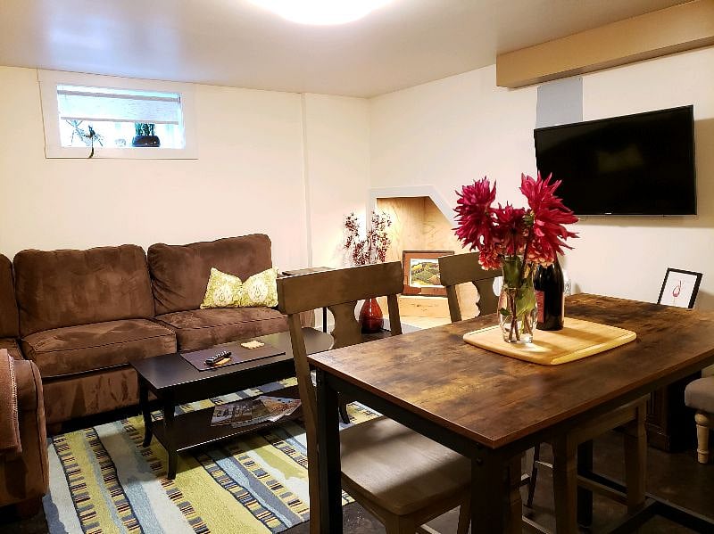 Comfortable couch in roomy living area