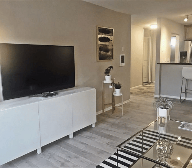 Credenza to store your items in, 55 in TV smart + Roku.