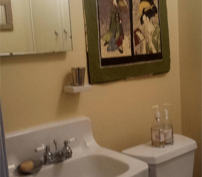 A private bathroom with shower that has a light for close up cosmetic application.
