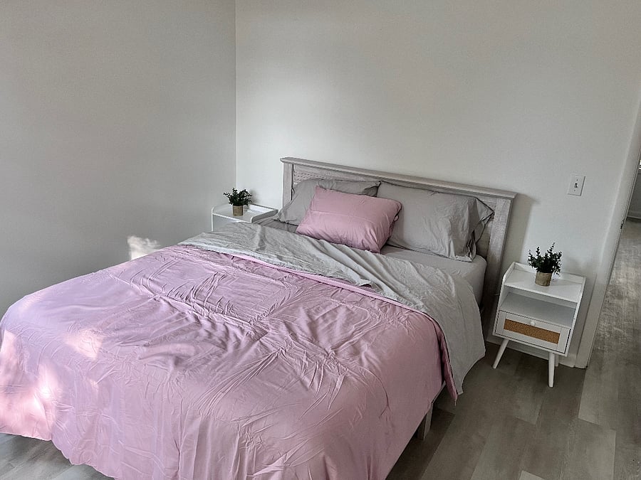 Main bedfroom; still decorating, will be warm and beautiful when you arrive
