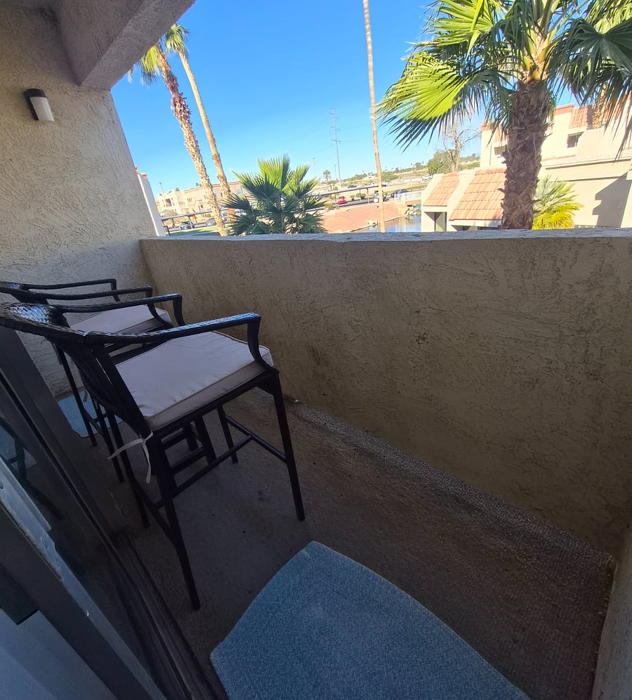 Each bedroom has sliding patio door.