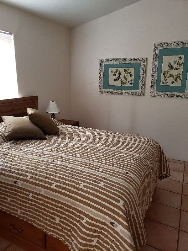 Master bedroom with master bathroom and queen size bed.