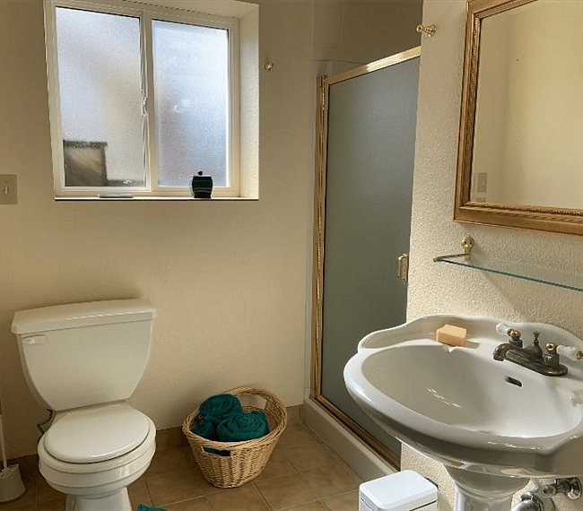 Nice bathroom with a heater on the wall and a fabulous shower head.
