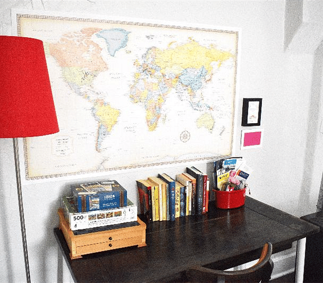 Desk area - and a map where all of our guests mark the place(s) they call home.