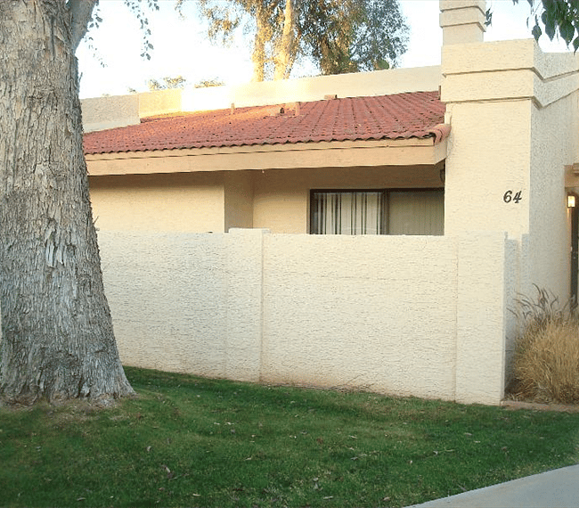 Front of building, with enclosed patio
