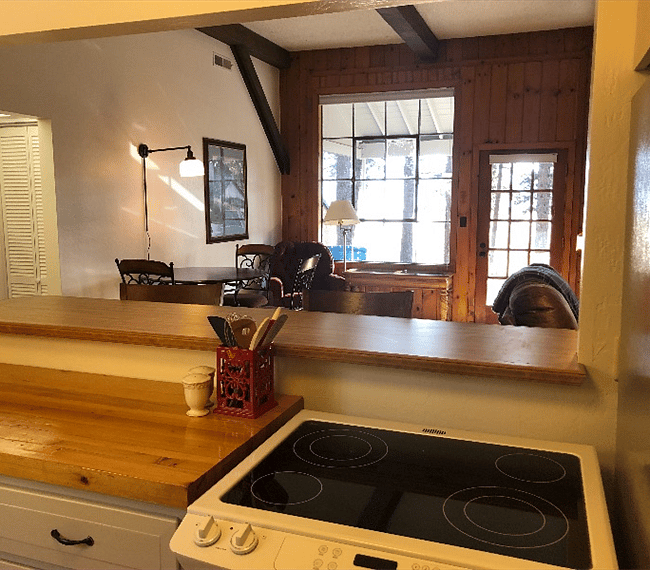 Looking out of kitchen to eating area/living area