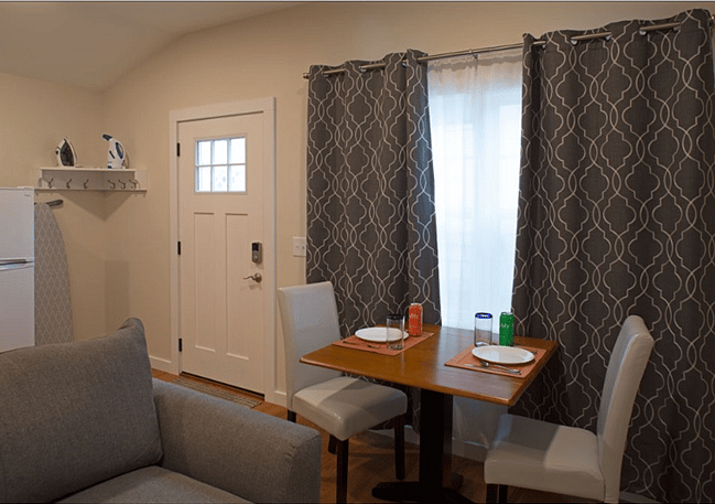 Sturdy table serves as a work surface or for dining in.
