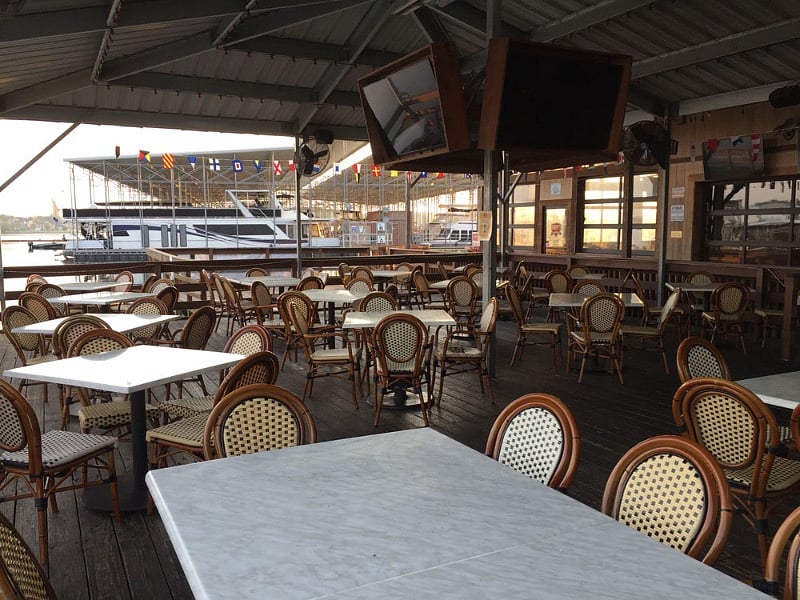 Floating patio dining at Sam's Sport Bar at the marina.