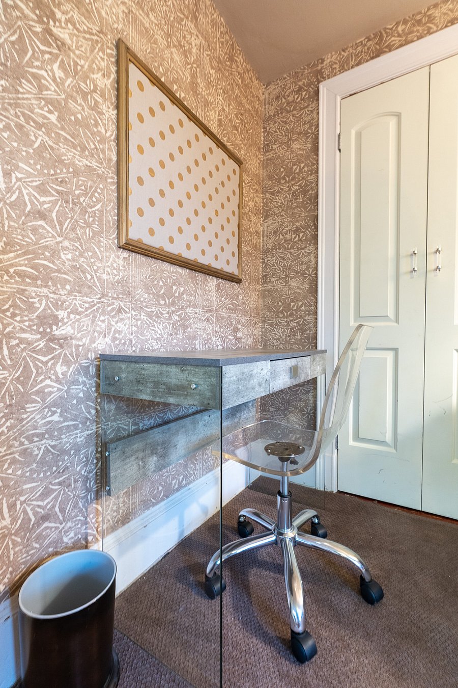 Desk and chair. File cabinet in closet