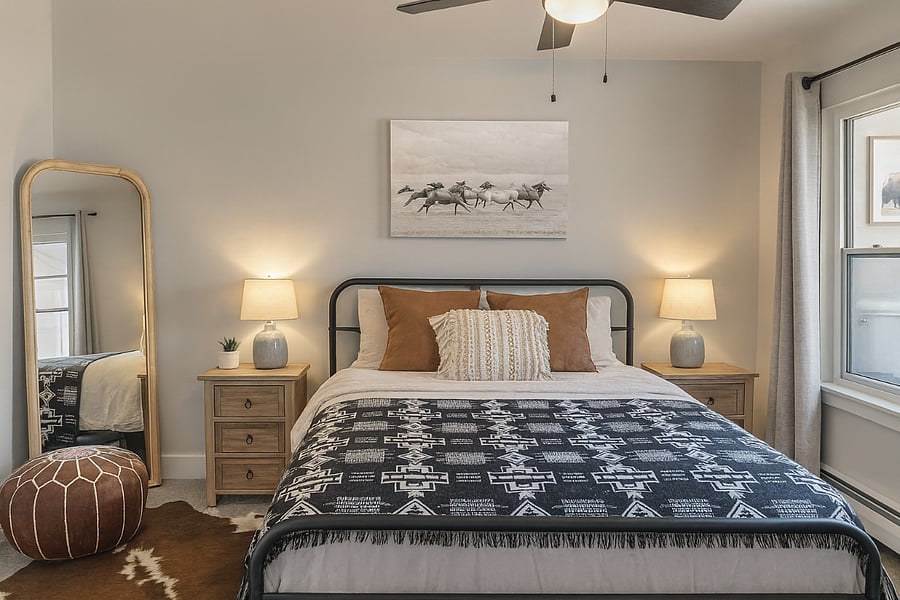 Rest easy in the spacious primary bedroom featuring a queen bed, plush bedding, and calming natural textures.