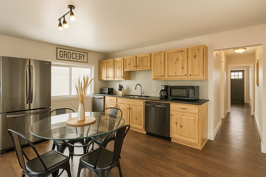 This kitchen is bright and inviting, perfect for shared meals and morning coffee.