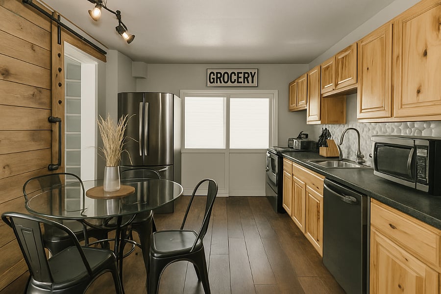 This rustic-modern kitchen is fully equipped for cooking and gathering.