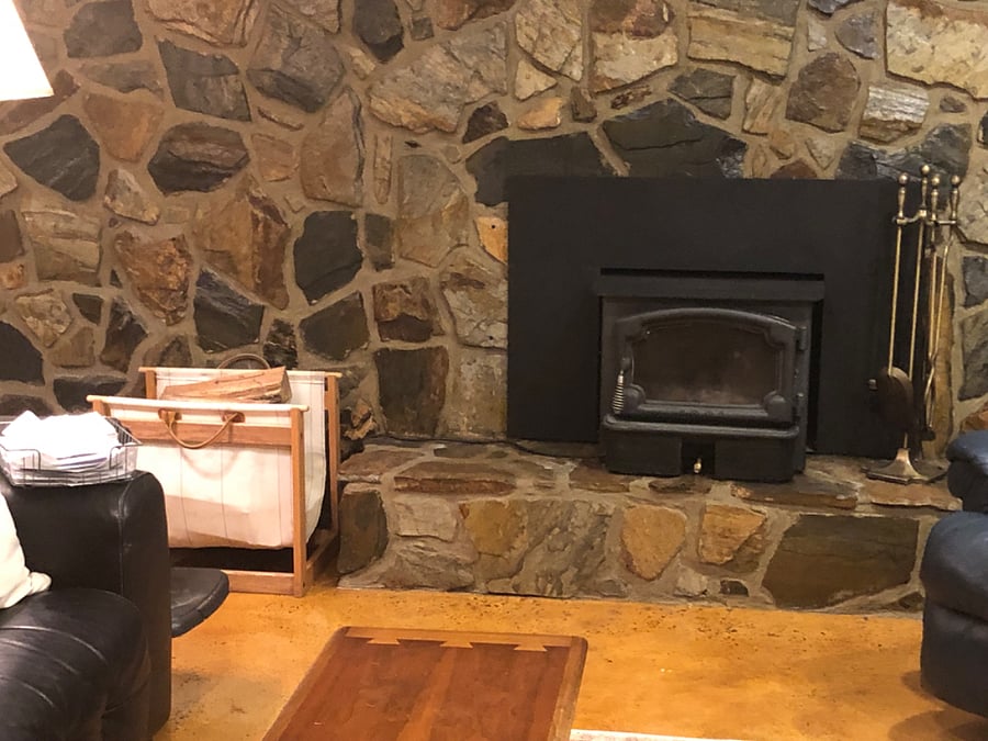 Stone fireplace and woodstove