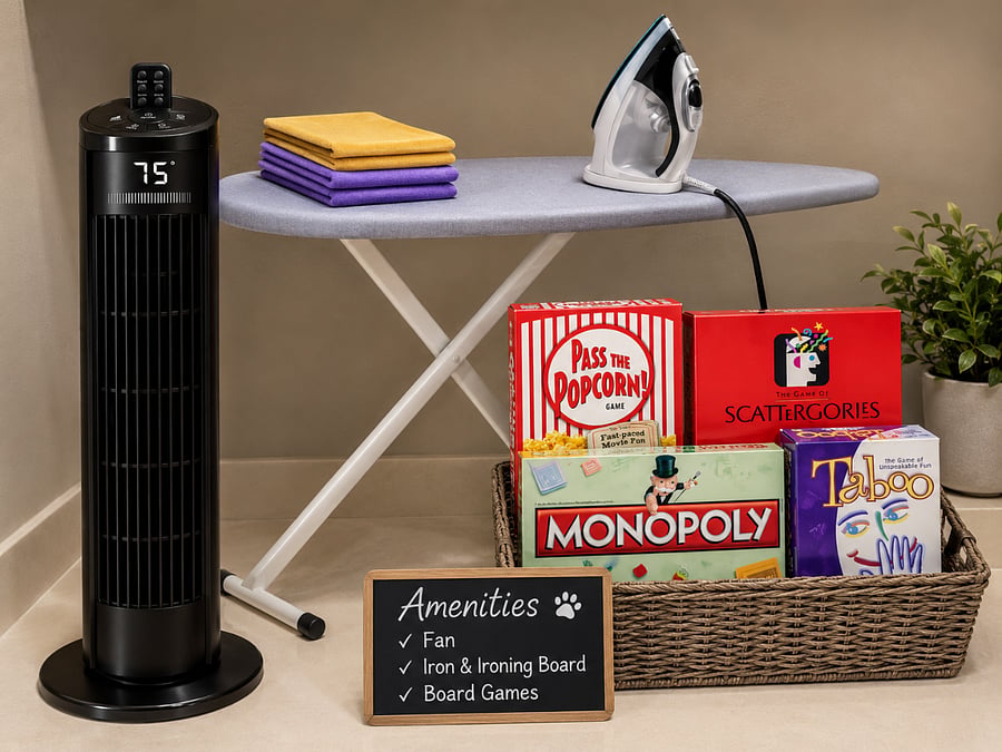 Thoughtful extras include an oscillating tower fan with remote, iron and ironing board, and board games for relaxing evenings at home.