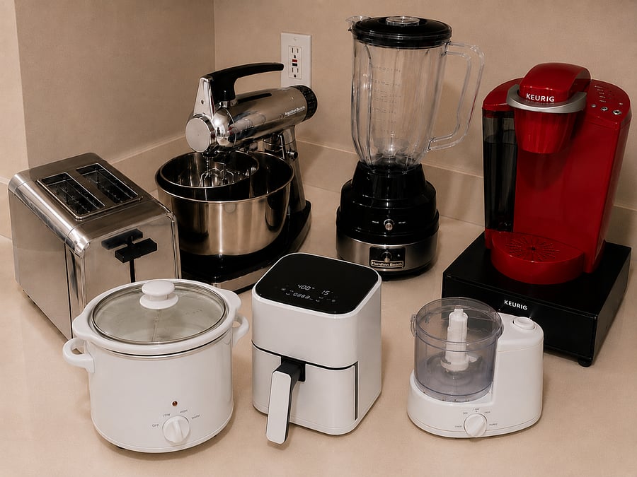 Appliances available: toaster, mixer, blender, Keurig single-brewer, slow cooker, air fryer, and nut grinder