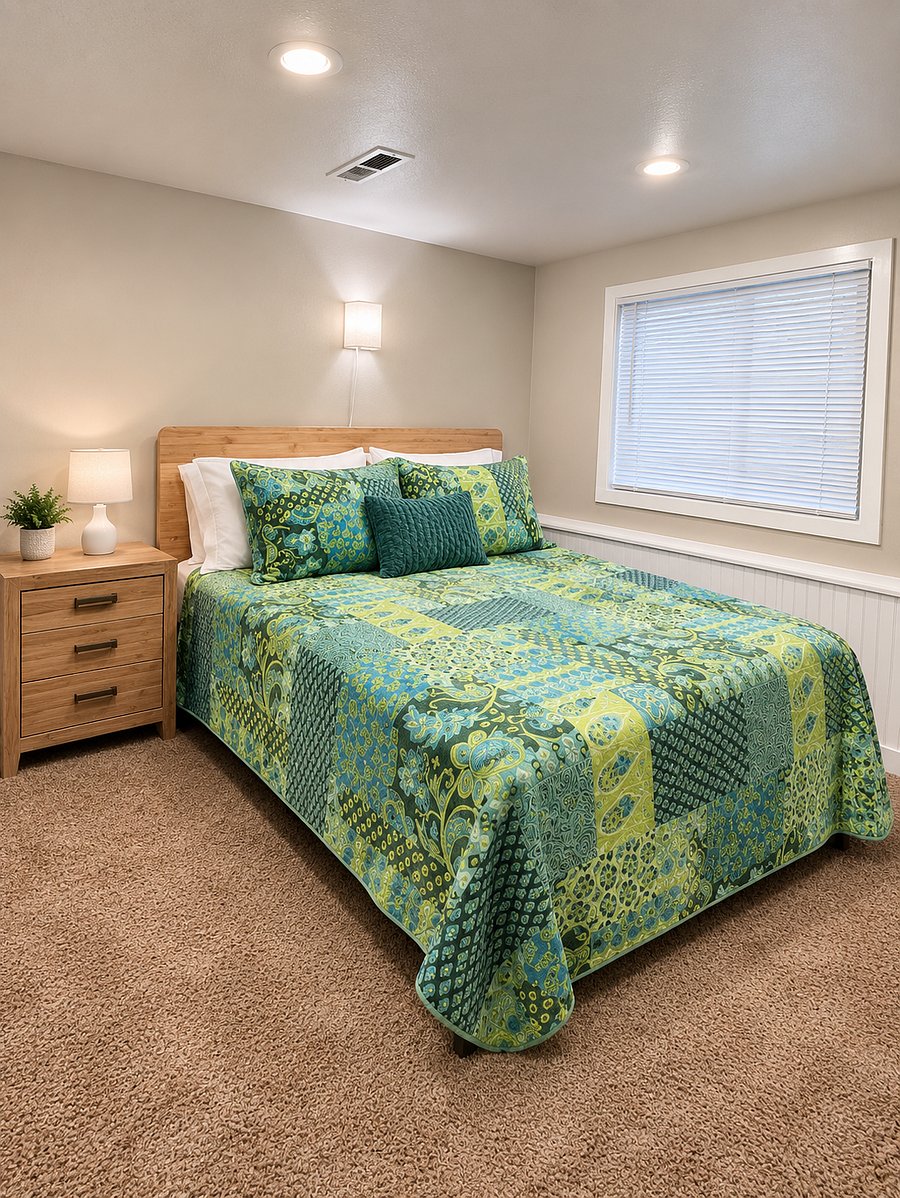Bedroom one offers a queen-size bed with gel-infused ventilated memory foam mattress to help regulate temperature and relieve pressure points for a restful night's sleep