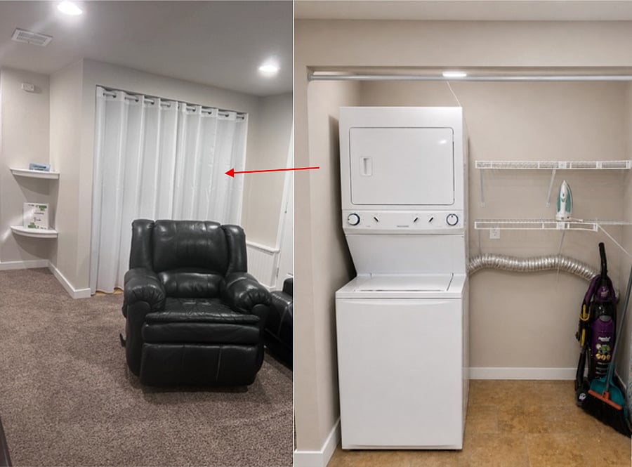 Full-size washer & dryer conveniently tucked discreetly behind curtains