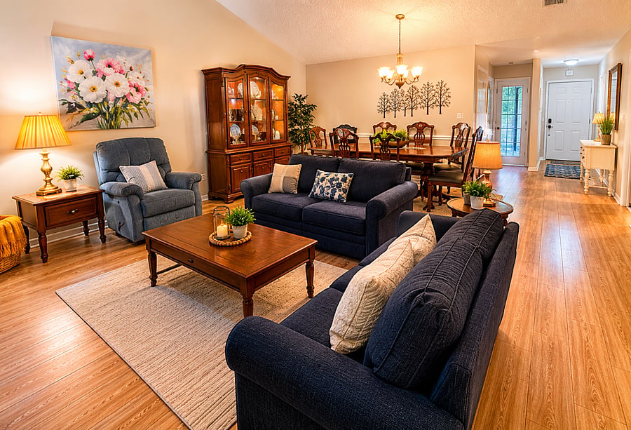 Great room with plenty of seating and Large Smart TV