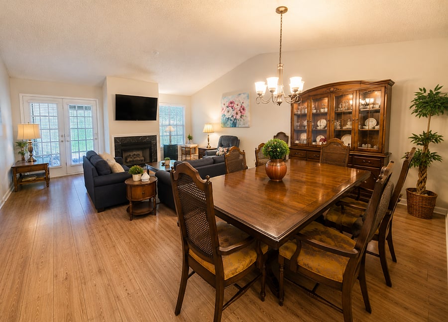 Great room with large dining table area