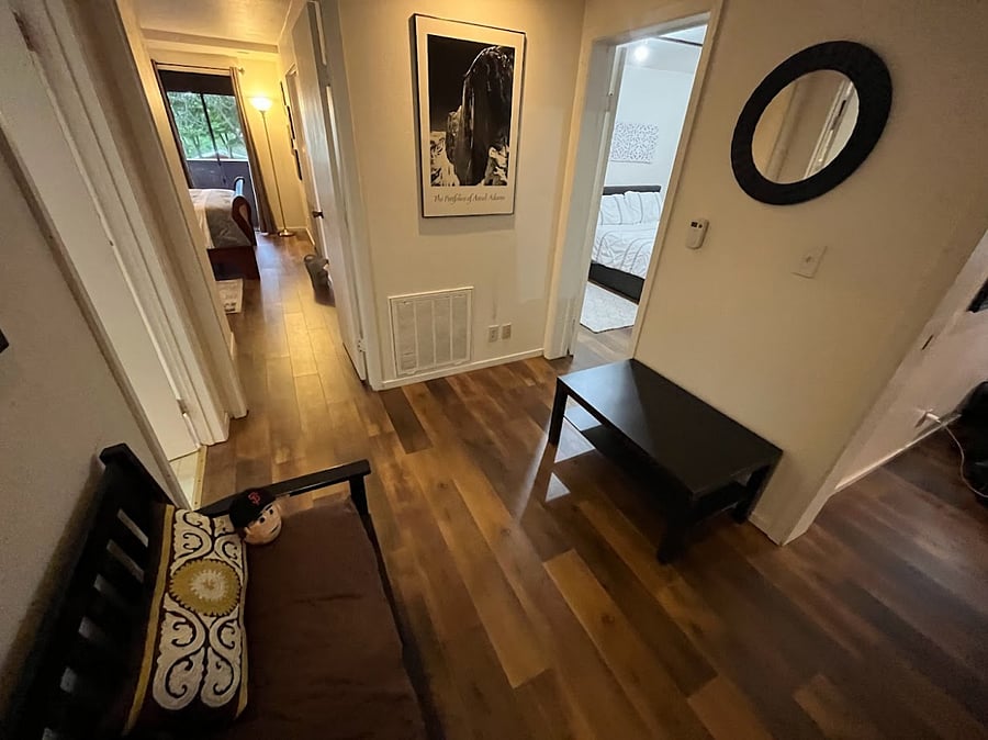 Alcove area separates the living room from the bath and bedrooms.