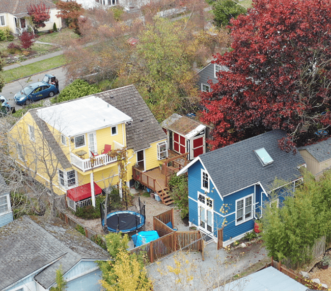 Aerial view of the cottage and the main house