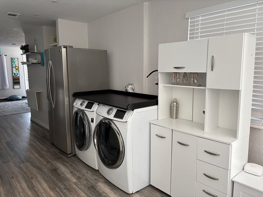Kitchen, fridge, W/D, counter on top, storage