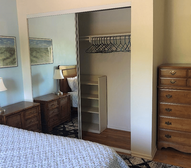 Large dresser and closet for storage.
