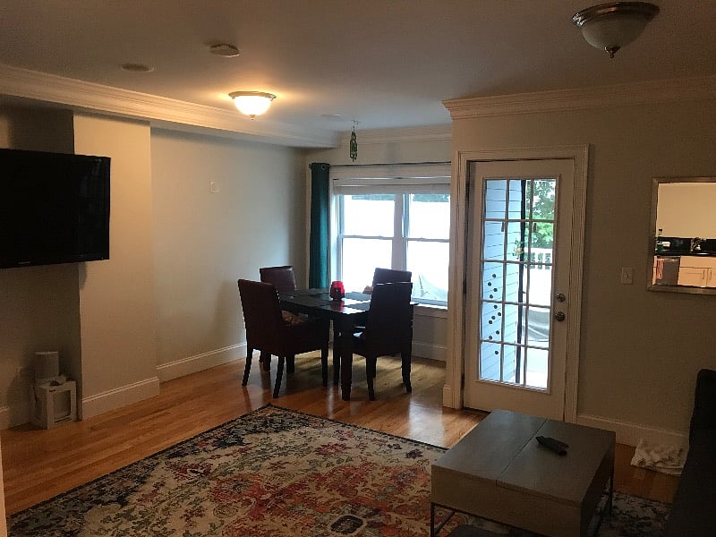 Upstairs living/dining area. Viewing angle is from the kitchen.
