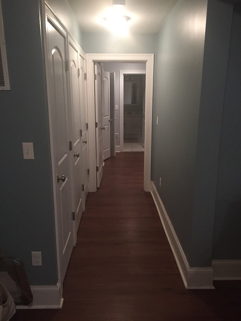 Hallway from lower living room into primary bedroom/bathroom. 3 utility closets on the left, middle door is the stacked washer/dryer.