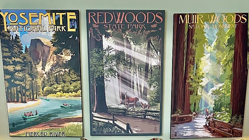 Vintage canvas promotional art features three magnificent Central California parks within driving distance of the Cabin. These are the heart of our decor theme!