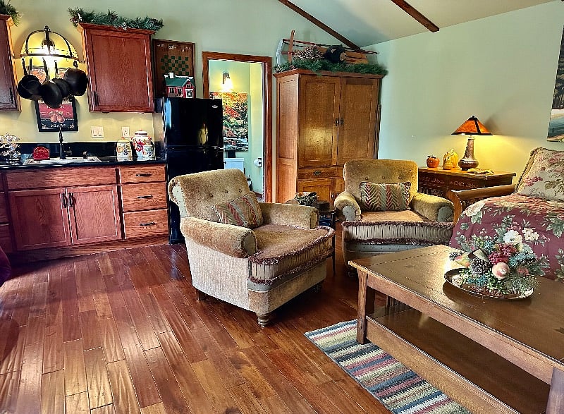 Your rustic-styled, yet contemporary, bathroom is entered via a pocket door next to the wardrobe.